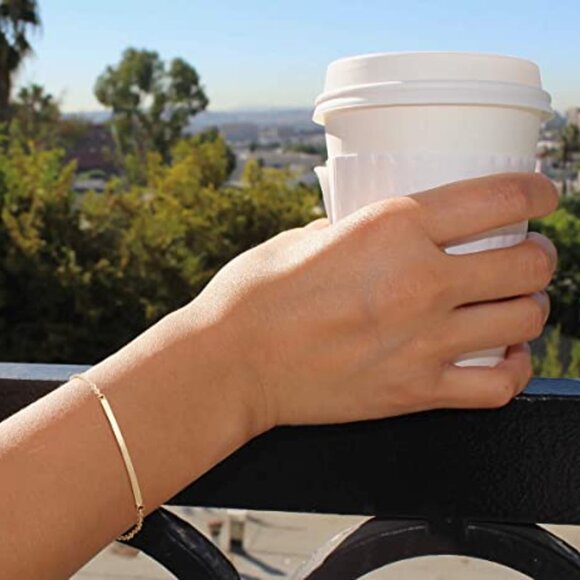 Dainty Gold Bar Bracelet Minimalist Elegant Cuff Bangle Hook 18K Plated - Picture 4 of 7